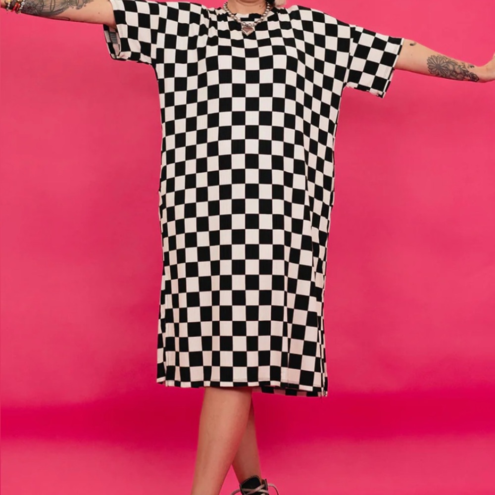 Checkered Black and White Dress with Pockets